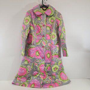 Vintage Neon Poppy Quilted Floral Womens Pea Coat Handmade